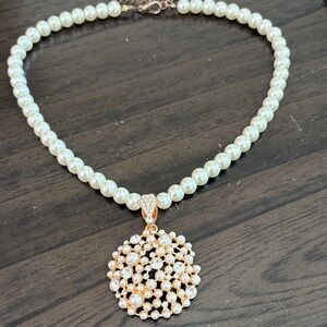 Pearl Bead Necklace with Gold-Tone Crystal Pendant